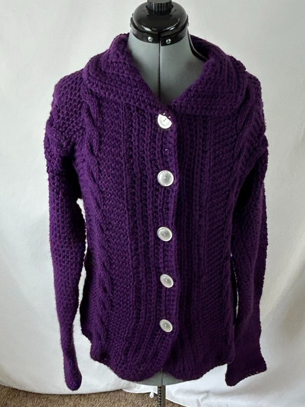 Handmade Crocheted Cardigan Sweater Purple Big Pearly Buttons L/XL